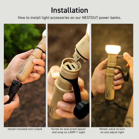 Go-To Rugged Outdoor Camping LED Lantern With Mini Tripod Dimmable USB Powered Soft Light assembly on beige lamp.