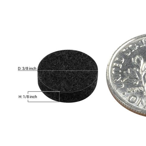A Silent Game Changer For Every Room 1000 Pack Heavy Duty Self Adhesive Felt Pads 3/8 Inch Round Black Bumpers next to a coin for size reference.
