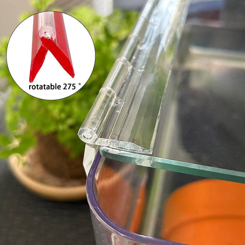 Twelve Inch Transparent Acrylic Piano Hinges Two Pack Self Adhesive Continuous Hinge Smooth Swing Action Perfect For Cabinet Aquarium Lid Glass Door And Diy Box Projects No Sweat Snaps Right In, showing hinge detail and installation on glass.