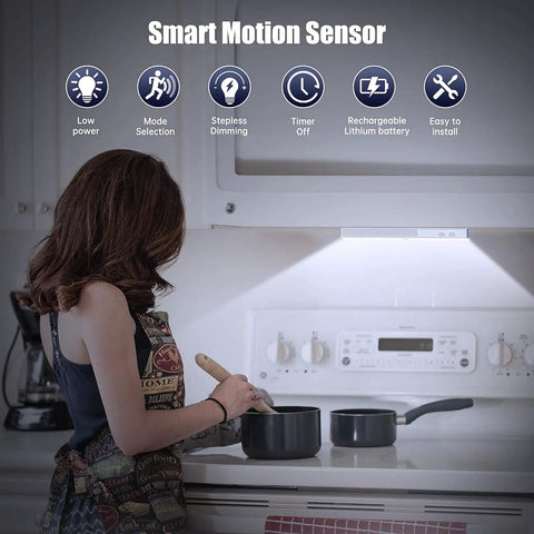 Woman cooking under 30 LED Closet Light With Charging Station And Motion Sensor Under Cabinet Lighting Kit