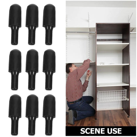 Beefed-Up Shelf Support Pegs For Cabinets And Wardrobes In Black Carbon Steel With Rubber Covers To Prevent Deformation And Sagging, 24 Pack Adjustable Bookshelf And Cupboard Pins For Ultra Sturdy Storage, shown beside a man adjusting a shelf.