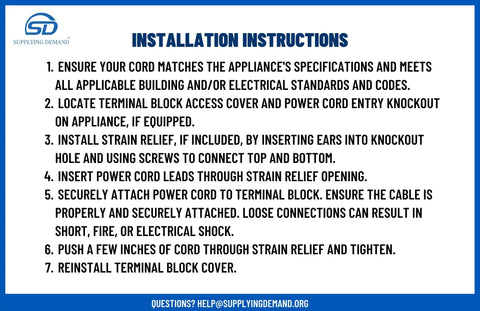 Installation instructions for 10 Foot Range Power Cord With 3 Prong Plug For 50 Amp 250 Volt Appliances, Heavy Duty 6/2 And 8/1 Gauge Wires