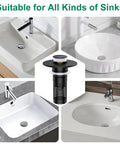 Universal Bathroom Sink Drain Strainer And Pop Up Stopper Hair Catcher displayed with various sink styles for easy installation.