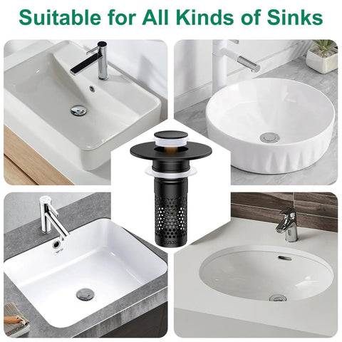 Universal Bathroom Sink Drain Strainer And Pop Up Stopper Hair Catcher displayed with various sink styles for easy installation.
