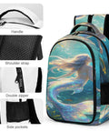 Iridescent Mermaid Print Backpack for Adults and Teens, unisex, showing handle, shoulder straps, double zipper, side pockets.