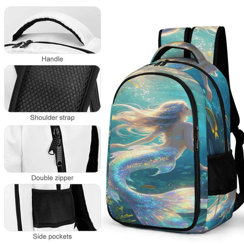 Iridescent Mermaid Print Backpack for Adults and Teens, unisex, showing handle, shoulder straps, double zipper, side pockets.