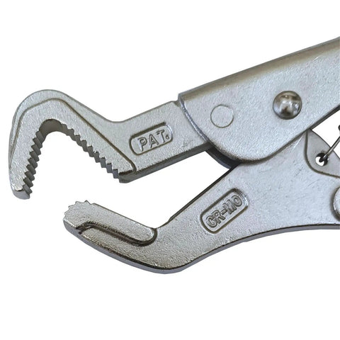 Close-up of Heavy Duty Parrot Nose Locking Pliers For Welding Grip Clamping Pipes And Bolts With Adjustable Serrated Jaws.
