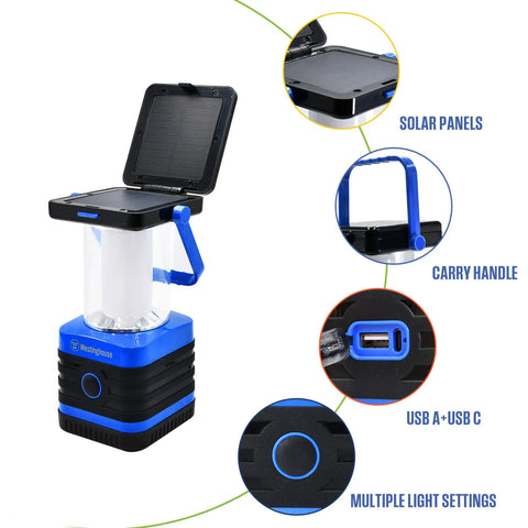 Go-To Solar Rechargeable Lantern For Camping And Hiking, 1000 Lumen LED Light With 5 Modes, IPX4 Water Resistant, solar panel open