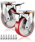 Heavy Duty Eight Inch Polyurethane Caster Wheels With Locking Brakes features metal swivel base and red tires for easy mobility.