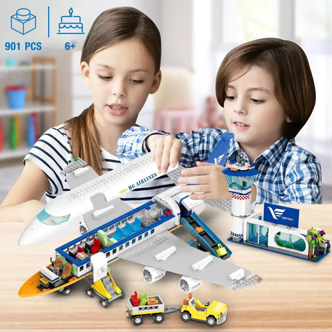 Children assembling Epic City Passenger Airplane Building Set with LED Lights 901 Pieces Plane Construction Kit including terminal and tower