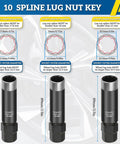 Diagram of 10 Spline Lug Nut Socket Kit For Bimecc 10 Spline Lug Nuts And Bolts Replacement Key dimensions with three sockets.