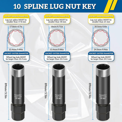 Diagram of 10 Spline Lug Nut Socket Kit For Bimecc 10 Spline Lug Nuts And Bolts Replacement Key dimensions with three sockets.