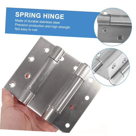 Heavy duty spring-loaded door hinges in stainless steel, showcasing precision engineering and durability for outdoor use.