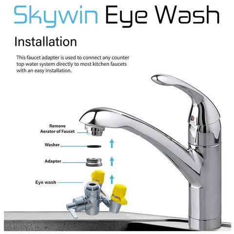 Diagram showing installation of Faucet Mounted Eye Wash Kit Turns Your Sink Into A Fast, Ready Emergency Eye Wash Station With Instant Activation