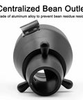 Centralized bean outlet for wall-mounted dispenser made from aluminum alloy to prevent bean residue, part of coffee storage solution.