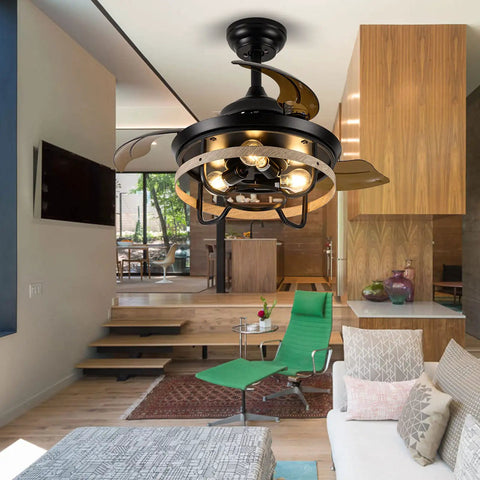 Dope Farmhouse Style Ceiling Fan With Light Black Cage Design Remote Control Retractable Blades 6 Speed Reversible Motor in living room