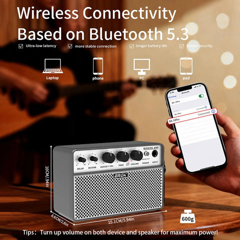 Compact Mini Electric Guitar Amp With 3.5mm Headphone Aux Input Dual 5W Speakers Wireless Connectivity Demonstration