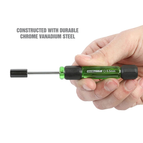 Hand holding 5.5mm tool from 7 Piece Precision Nut Driver Set Green And Black Metric 3 To 6 mm with Swivel End Caps