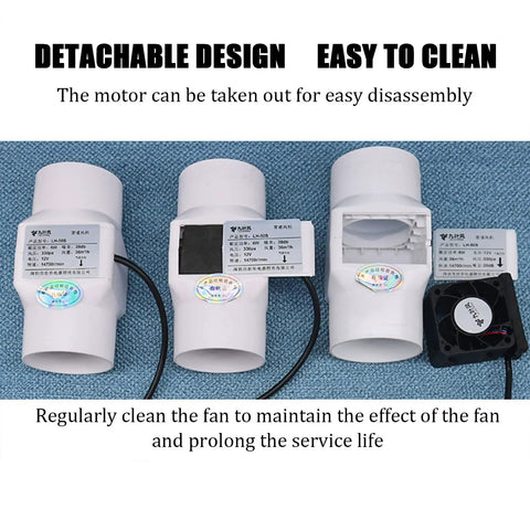 Inline Duct Fan 2 Inch 50mm Kit with detachable design and easy cleaning components displayed on blue surface