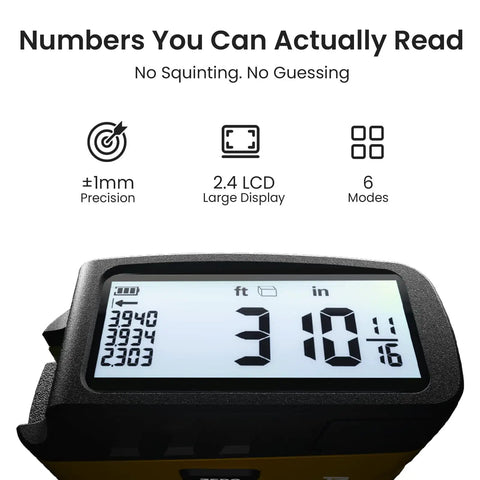 Close-up of Super Handy 16 Ft Digital Tape Measure With 6 Metric And Imperial Units LCD display showing measurements