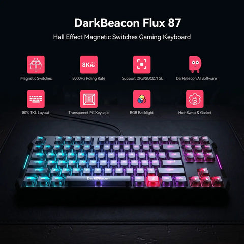 Flux87 He Mechanical Gaming Keyboard With Crisp Hall Effect Magnetic Switches, 0.01mm Rapid Trigger, RGB backlight, TKL layout.