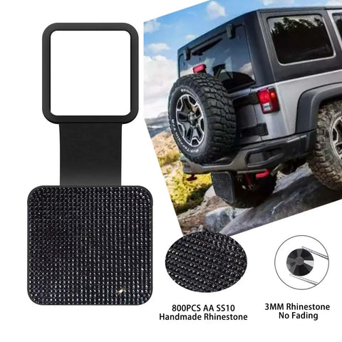 Black Rhinestone Trailer Hitch Cover For 2 Inch Receivers on SUV, showing rhinestone details and universal rubber tube cap.