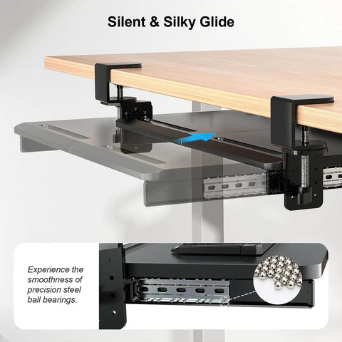 Under Desk Keyboard Tray With 60 Degree Swivel Clamp And Height Adjustment For Corner Desks, 25.6 By 11.8 Inch Slide Out Keyboard Mouse Platform For L Shaped Desks, Pull Out Keyboard Drawer To Level Up Your Setup showing silent glide mechanism and steel ball bearings