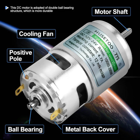 Beefed Up 12V High Torque DC Motor Upgrade Kit With Bracket, Dual Ball Bearings, 20,000 RPM visible with details labeled