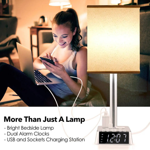 All In One Bedside Lamp With 4 USB Ports And AC Outlets, Alarm Clock Base, Square Oatmeal Fabric Lampshade, in use by woman