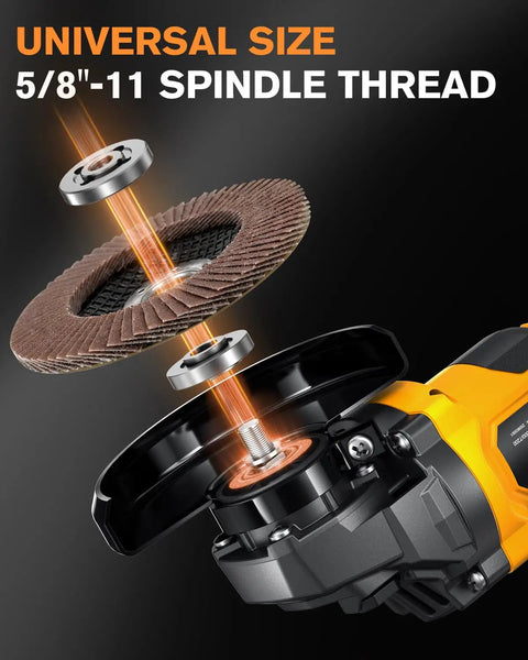 Compact 4 Inch Cordless Angle Grinder Built To Chip Away At Stubborn Metal, showing spindle thread and abrasive disc assembly.