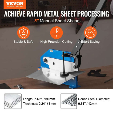 8 Inch Hand Plate Shear with Long Handle for Metal Cutting Up to One Quarter Inch Sheet Steel on benchtop, focus on safety features