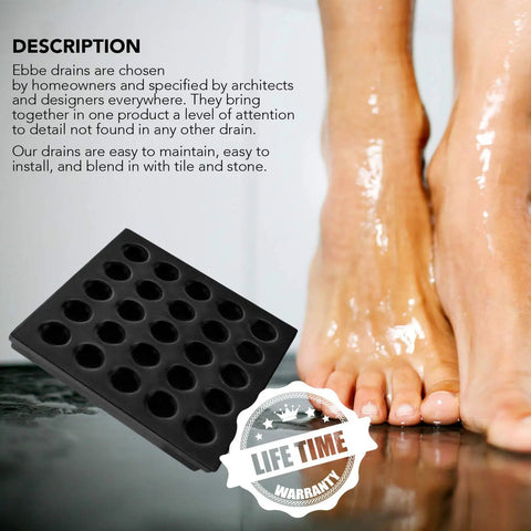 Matte Black Square Drain Cover With Pro Drain Cover Remover Included Three Point Seven Five Inch Screwless Design Ten Finishes Available Slick Modern Bathroom Drain Grate For Quick Upgrade And Clean, Fresh Look and feet on wet floor