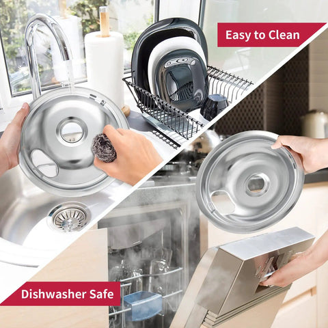 Chrome Stove Burner Drip Pans Set Of 4 For Electric Ranges Thickened Bent Preventing Design Fits Whirlpool Electric Range Tops Durable Silver Drip Pan Covers For Easy Cleaning And Fresh Look shown being cleaned in sink and dishwasher