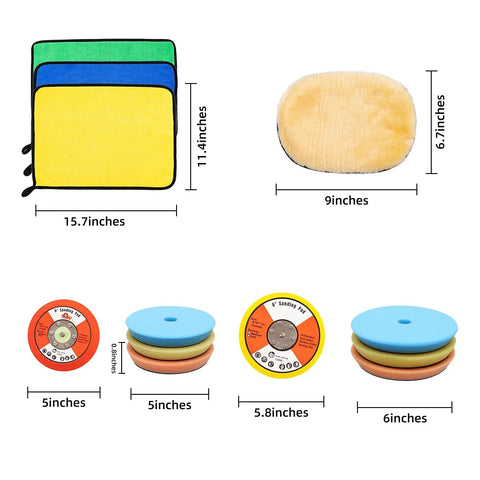 Microfiber cloths, applicator pads, and Dual Action Orbital Car Polisher pads in various sizes for auto detailing.