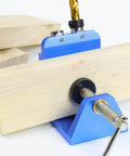 Pocket Hole Jig Kit With Adjustable Drill Guide and Stop Collars in use on wooden board, showing heavy-duty aluminum construction.