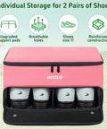 Pink Two Layer Golf Trunk Organizer With Separate Ventilated Shoe Compartment showing storage for two pairs of golf shoes.