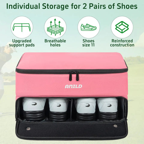Pink Two Layer Golf Trunk Organizer With Separate Ventilated Shoe Compartment showing storage for two pairs of golf shoes.