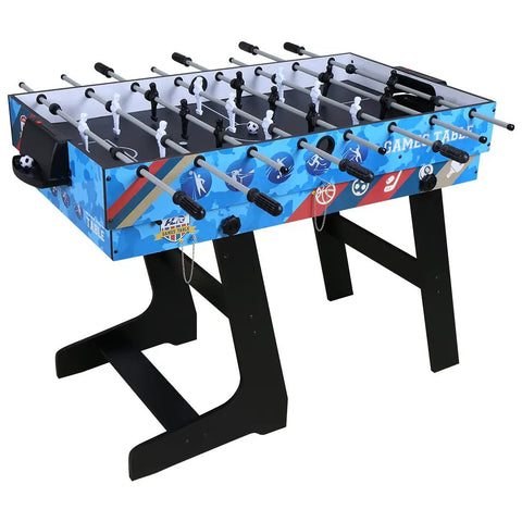 Four Foot All In One Game Table With Pool Billiards Air Hockey Soccer Foosball Table Tennis And Basketball Slam Dunk Station side view with foosball rods.