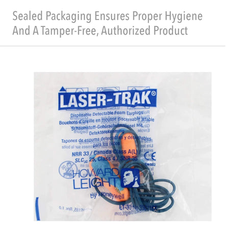 Sealed packaging of 100-Pair 32 NRR Laser Trak Corded Single-Use Earplugs Orange And Blue for compliance and safety audits