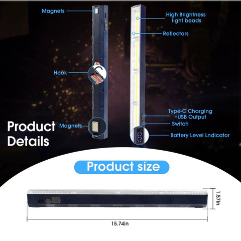 Kickin Bright Magnetic LED Work Light, 15.75 Inch, 8000 Lumens, 7500mAh Rechargeable Portable Lamp with Handy Hook and Dual Magnets