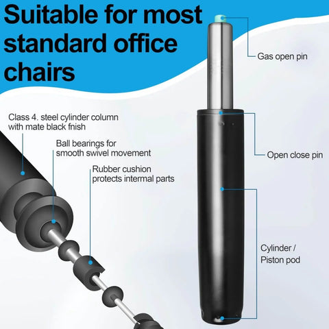 Heavy Duty Gas Lift Cylinder Replacement For Office And Gaming Chairs, Universal Fit Black Pneumatic Piston, Easy Install, Sinking Chair Fix
