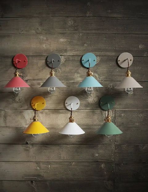 Seven colorful plug in wall sconces with brass Edison lamp holders, frosted painted metal, Nordic vintage bedside lighting, E26 socket.