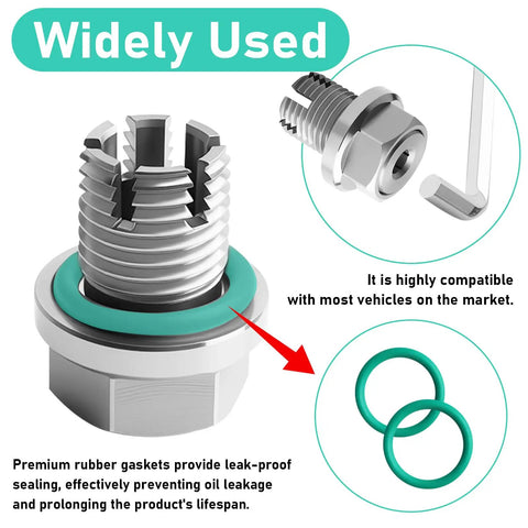 Get Your Car Running Smooth With This Heavy Duty Oversize M14 Piggyback Self Tapping Oil Drain Plug Repair Kit To Fix Stripped Threads And Stop Leaks Fast Without Costly Pan Replacements Or Drippy Engine Oils, stainless steel plug with rubber gaskets