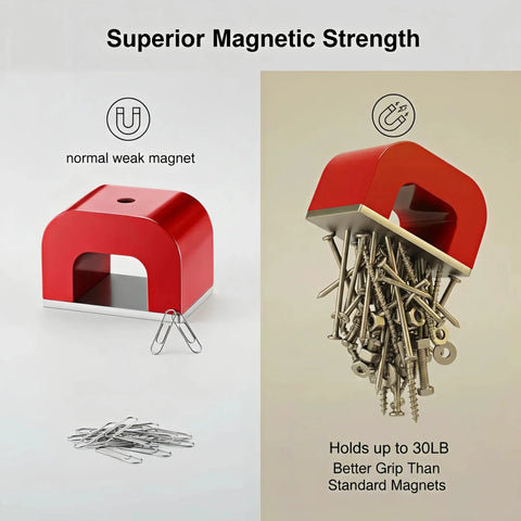 Red cast horseshoe magnet on a two-panel display; nails held by magnet in right panel.