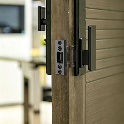 4 Pack Heavy Duty Door Roller Catch Kit With Strike Plate, Silent Ball Catch installed on wooden door with black handle