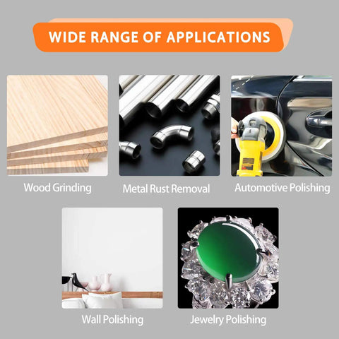 Applications for 100 Piece 5 Inch Sanding Discs Set With 8 Hole Hook And Loop, including wood, metal, automotive, wall, and jewelry polishing.