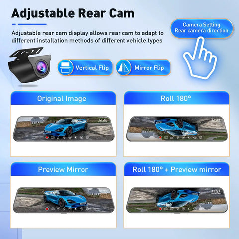 Adjustable rear view on All In One Mirror Dash Cam For Car With Crisp 4K Front And 2.5K Rear IMX335, multiple angle display options.