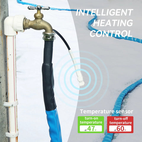 RVMATE heated RV water hose with thermostat and temp sensor, 35 ft, blue insulated sleeve, installed on outdoor faucet.