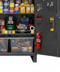Heavy Duty 12 Gauge Steel Storage Cabinet With Pegboard Door And Adjustable Shelves, built different for garage and workshop spaces, displaying tools and supplies.