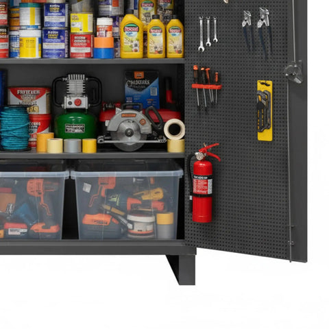 Heavy Duty 12 Gauge Steel Storage Cabinet With Pegboard Door And Adjustable Shelves, built different for garage and workshop spaces, displaying tools and supplies.